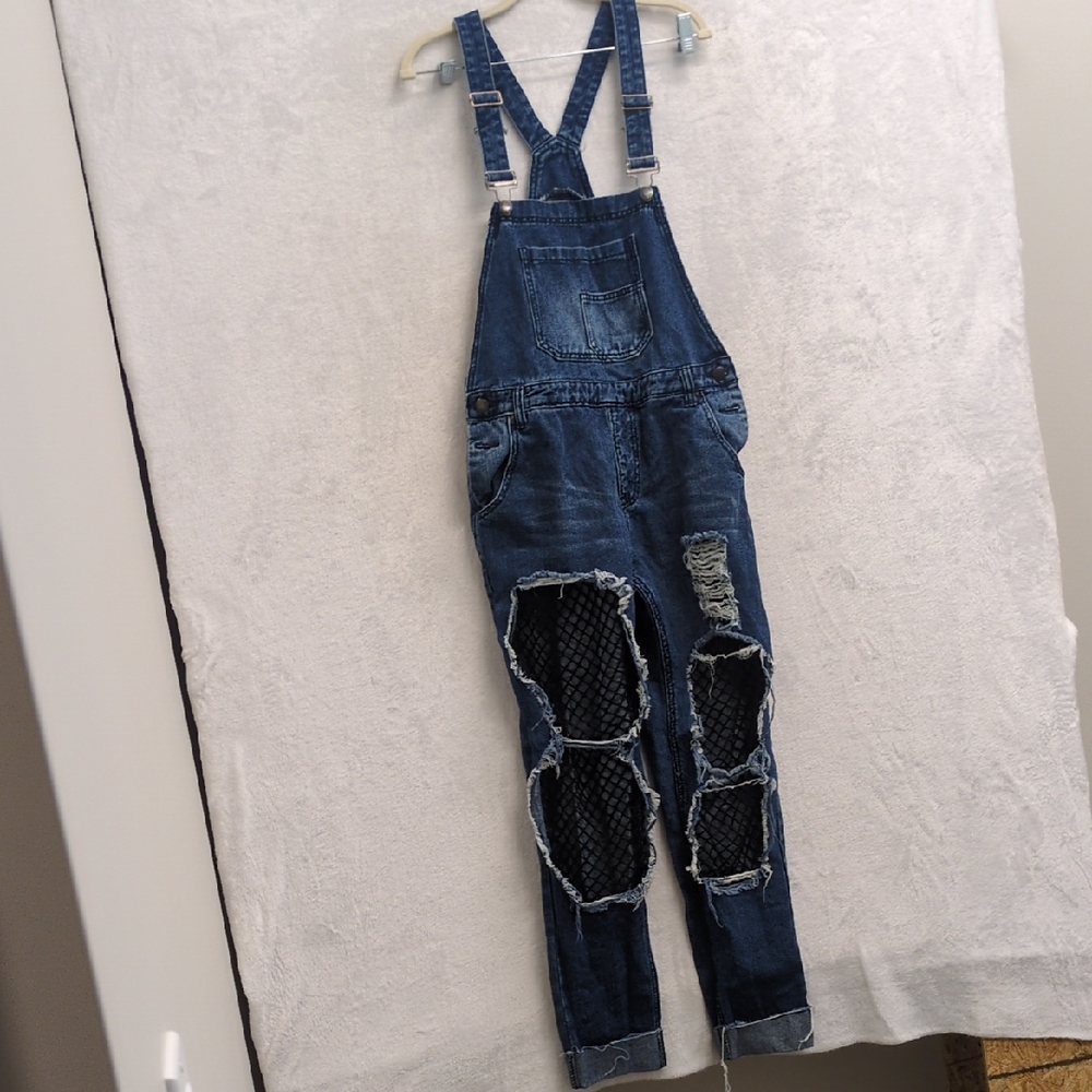 American Bazi Junior's Destroyed Fishnet Punk Denim Overalls Size M